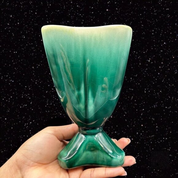 Vintage Early Pottery Vase Green Glaze Triangular Hand Made 7.25”T 4.5”W - Picture 1 of 16